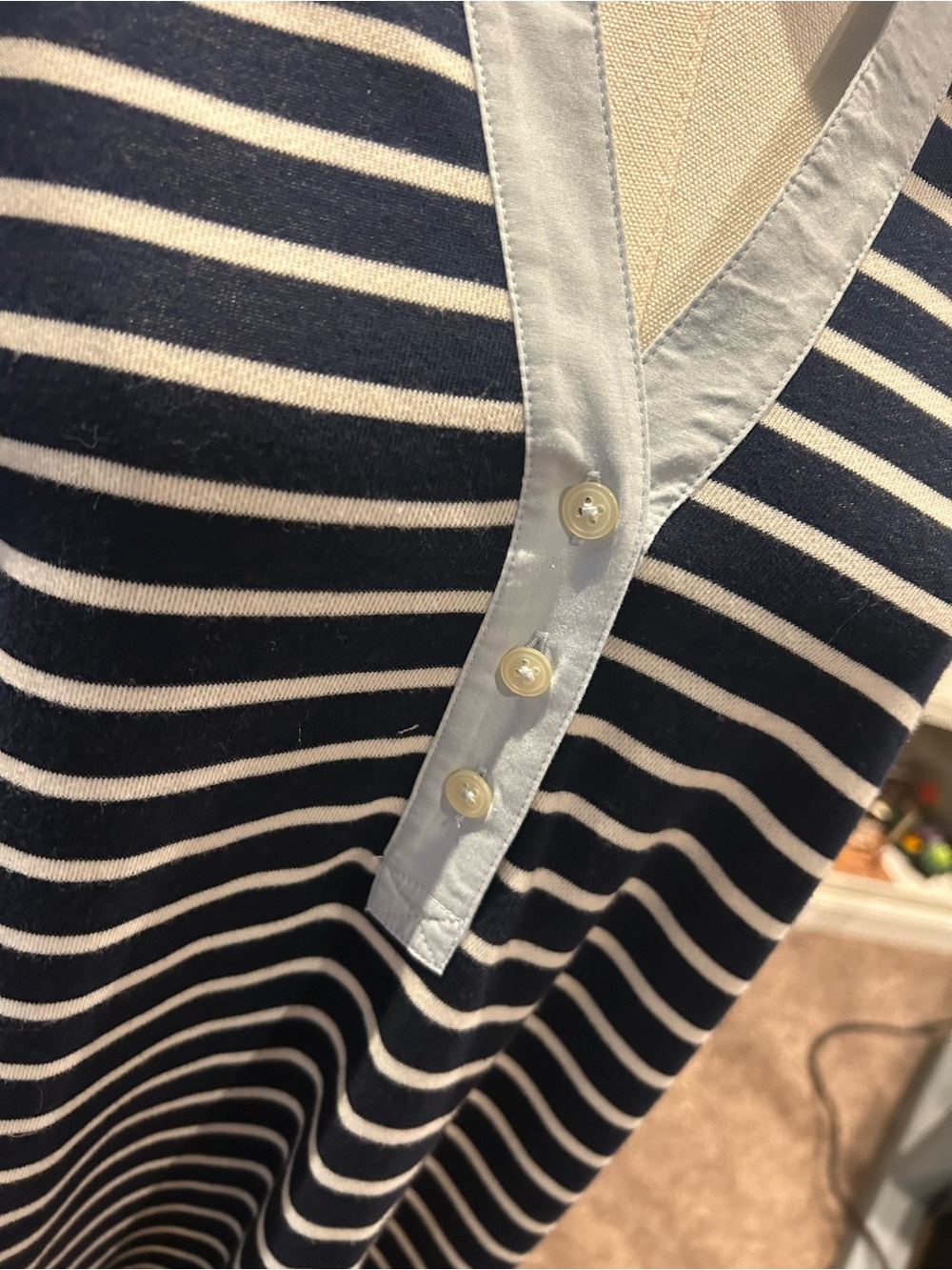 Striped Navy & White Shift Dress with Light Blue Trim - Picture 3 of 6